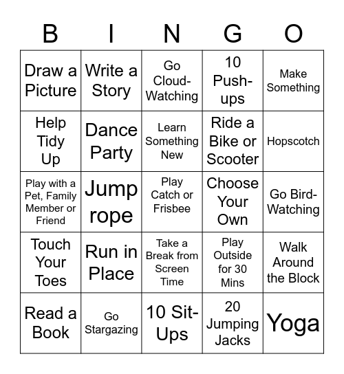 Active Summer Challenge Bingo Card