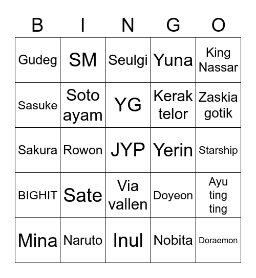Mina Cantik Bingo Card