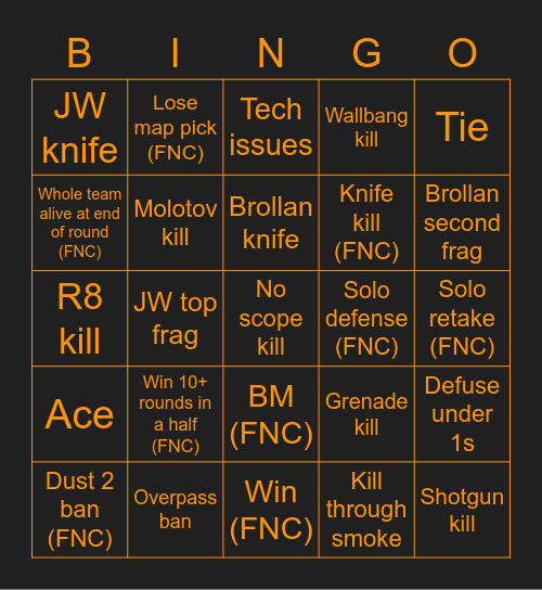 CS:GO Fnatic vs Mad Lions Bingo Card