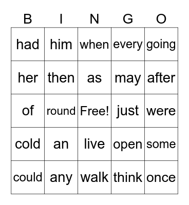 Grade One 2 Sight words Bingo Card