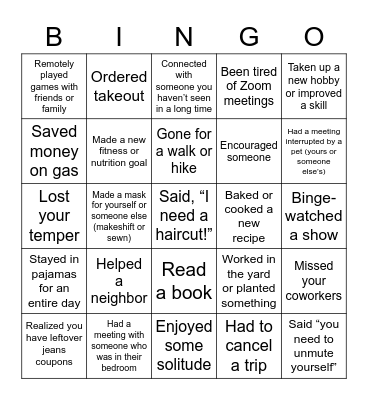 Quarantine Bingo...       Have You? Bingo Card