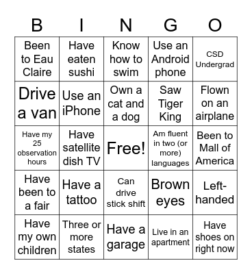 Ice Breaker CSD Grad Program Bingo Card