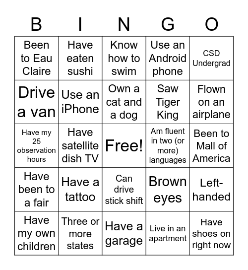 Ice Breaker CSD Grad Program Bingo Card