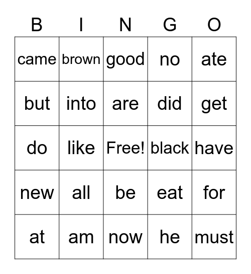 Primer 1 Sight words Bingo Card