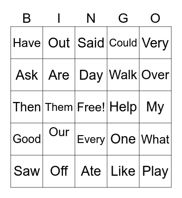 Sight Words Bingo Card