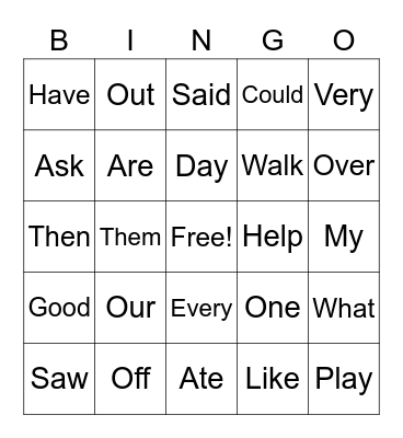 Sight Words Bingo Card