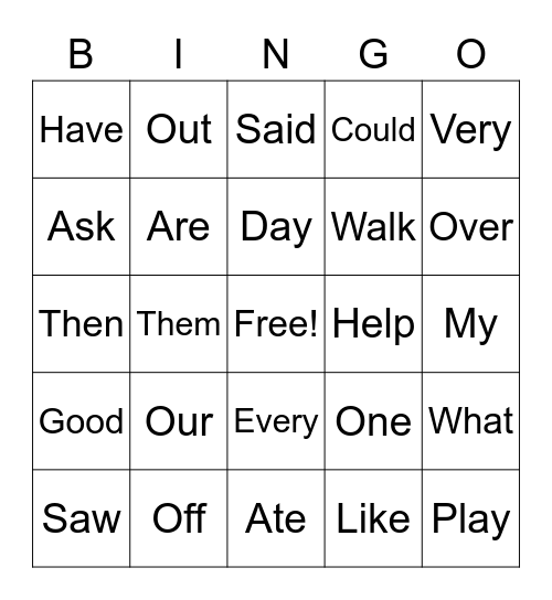 Sight Words Bingo Card