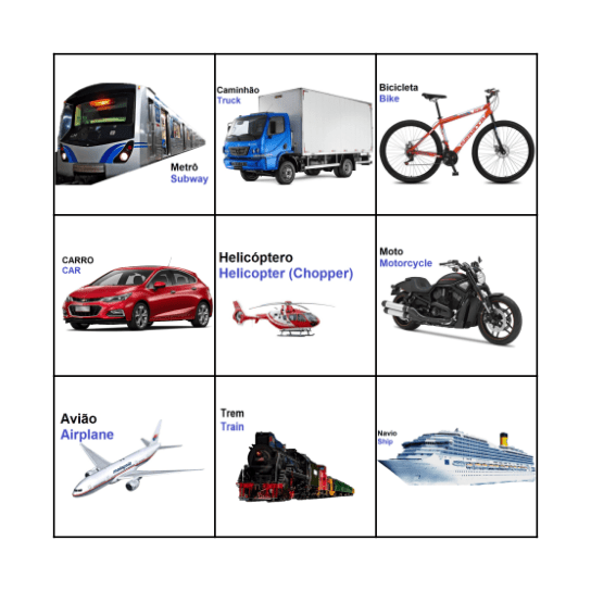 Meios de Transporte Bingo Card