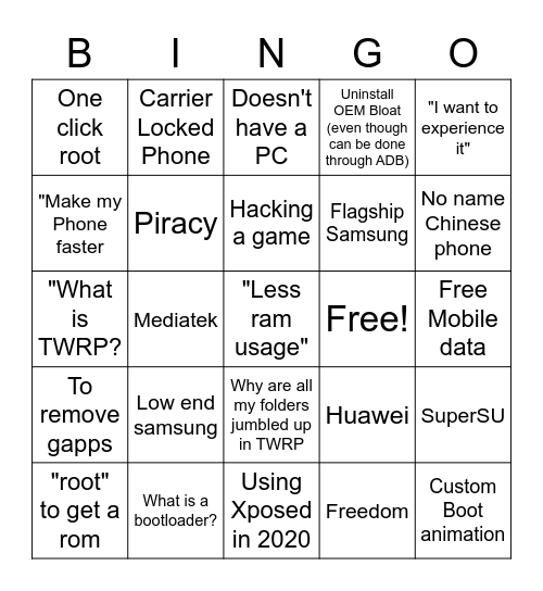 r/androidroot Bingo Card
