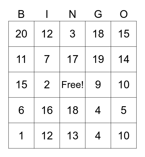 Numbers 0-20 Bingo Card