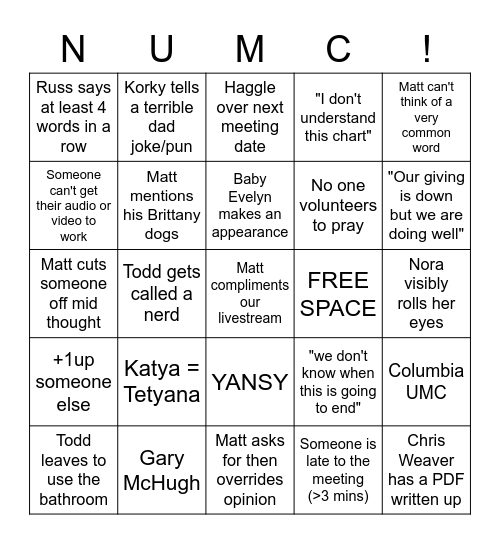 NUMC Meeting Bingo Card