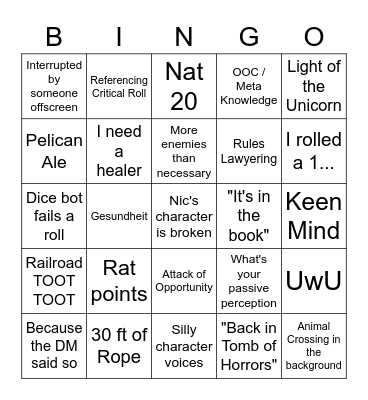 Keeps and Kritters Bingo Card