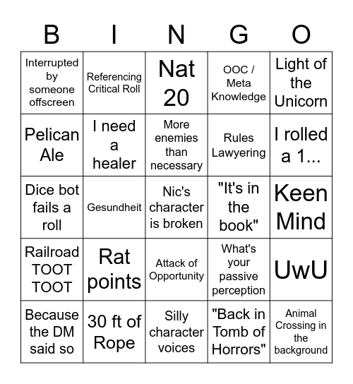 Keeps and Kritters Bingo Card