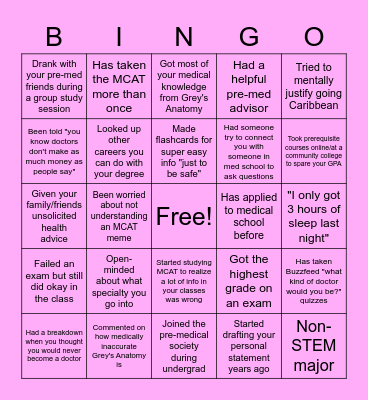 Pre-Med Bingo Card