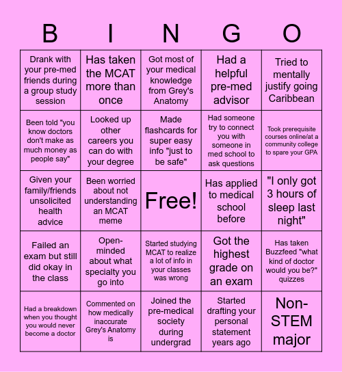 Pre-Med Bingo Card