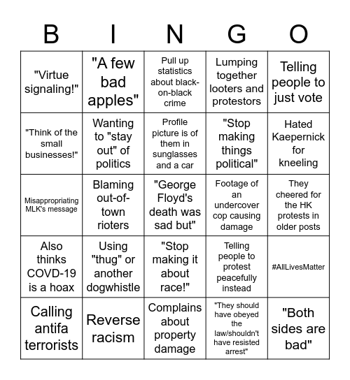 Cop Apologist Bingo Card