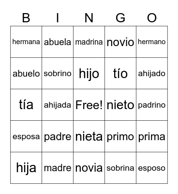 Spanish Family Words Bingo Card