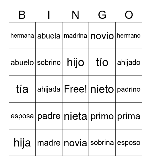 Spanish Family Words Bingo Card