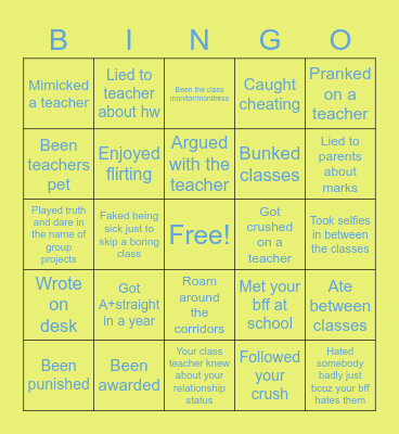 School Memories Bingo Card