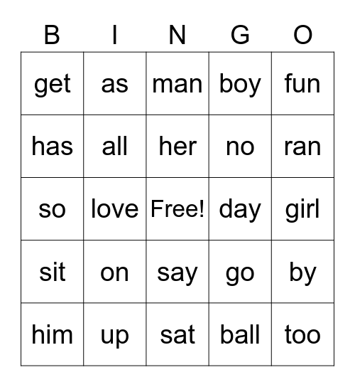 Snap Word Bingo Card