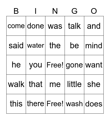 SIGHT WORDS Bingo Card