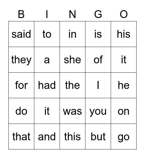 Sight Words Bingo Card