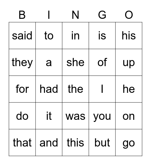 Sight Words Bingo Card