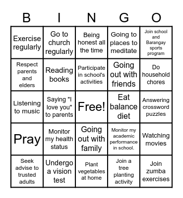 Health Goals Bingo Challenge Bingo Card