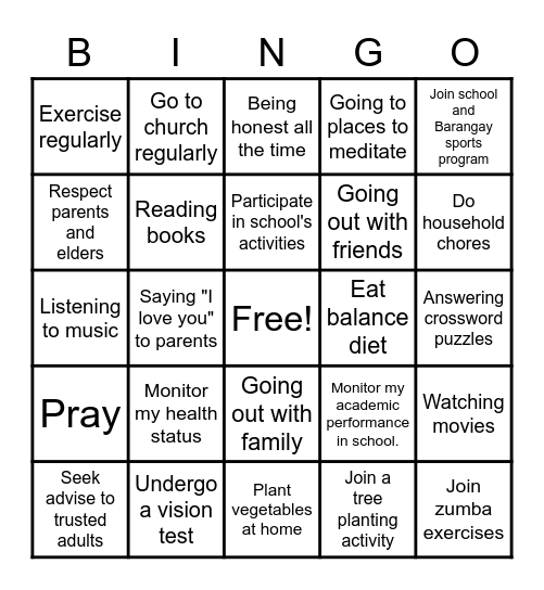 Health Goals Bingo Challenge Bingo Card