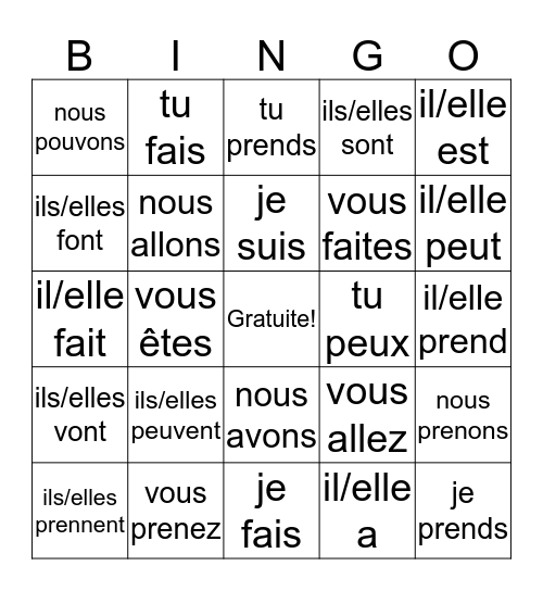 Bingo les verbes (na planète 1) Bingo Card