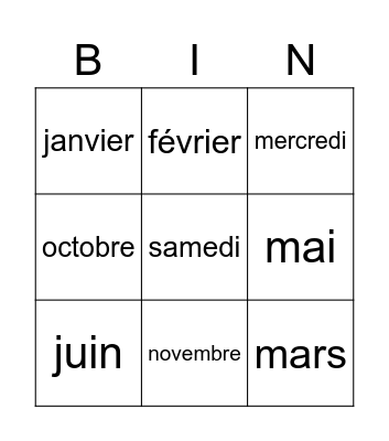 days and months Bingo Card