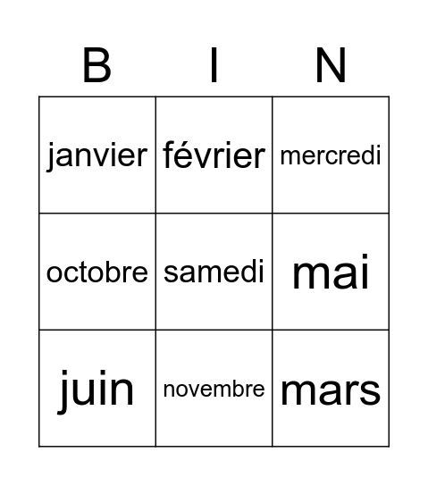 days and months Bingo Card