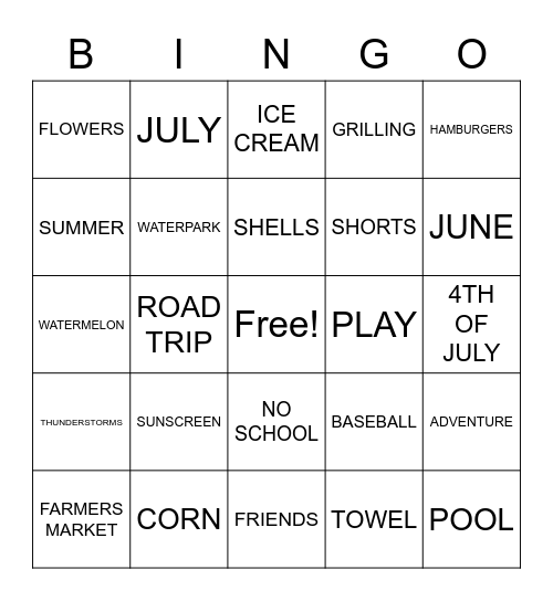 Summer! (for kids) Bingo Card