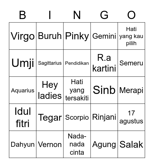 Evan's Bingo Card