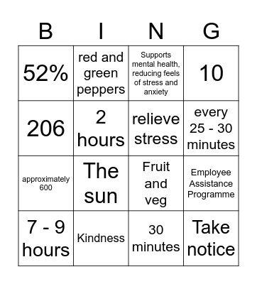 Wellbeing bingo Card