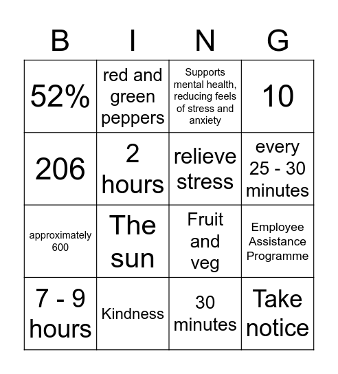 Wellbeing bingo Card