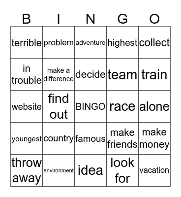 Vocabulary - Unit 1 Bingo Card