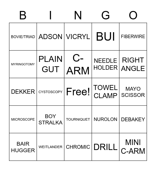 OPERATING ROOM BINGO Card