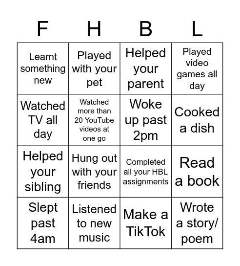 What did you do during the FHBL? Bingo Card