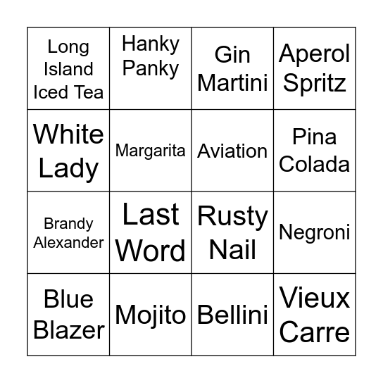 Classic Cocktail Bingo Card