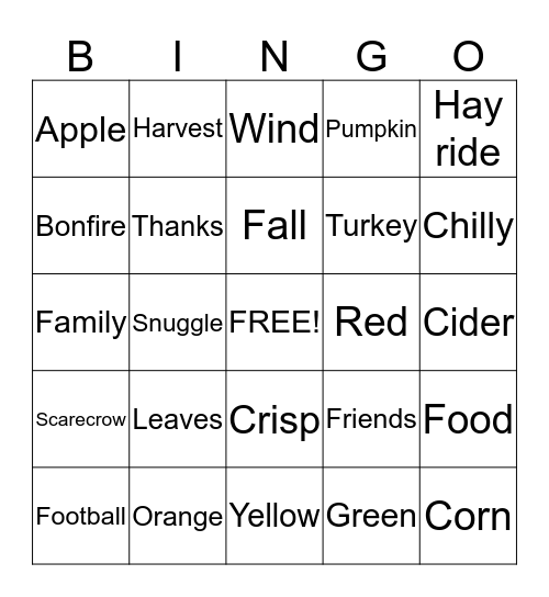 Fall Party Fun Bingo Card