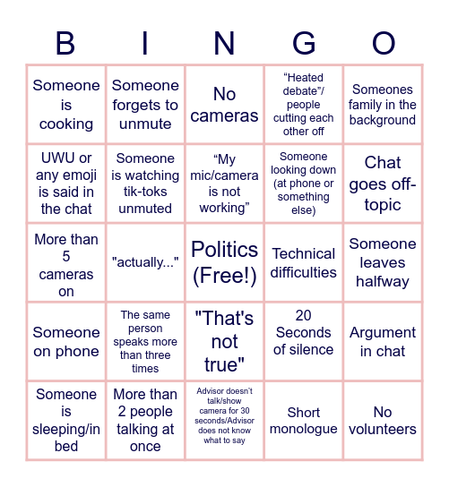 Advisory Bingo Card