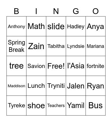 Fifth Grade Bingo Card