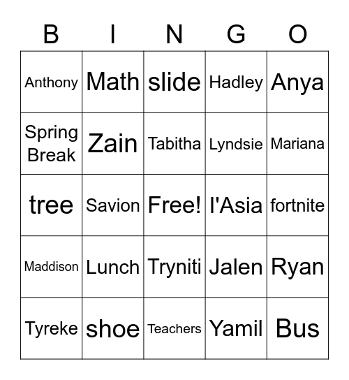 Fifth Grade Bingo Card