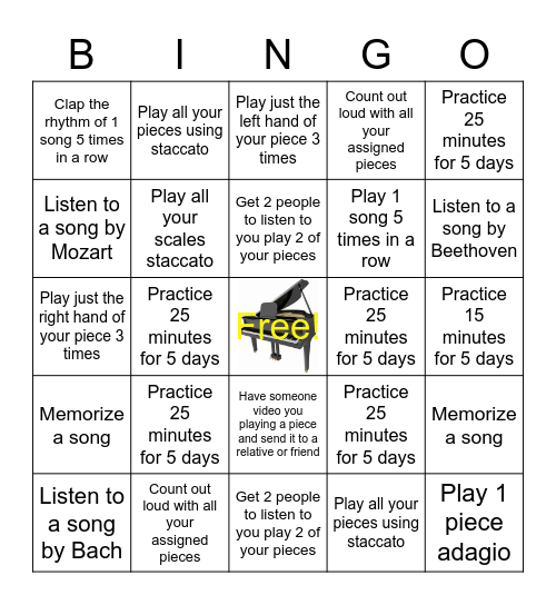 Summer Piano Bingo Card