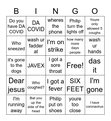 Rosalind's Quarantine Bingo Card