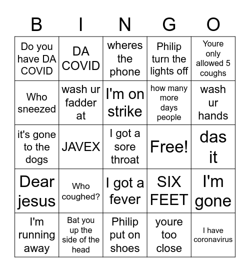 Rosalind's Quarantine Bingo Card