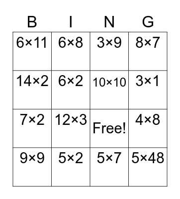 Multiplication review Bingo Card