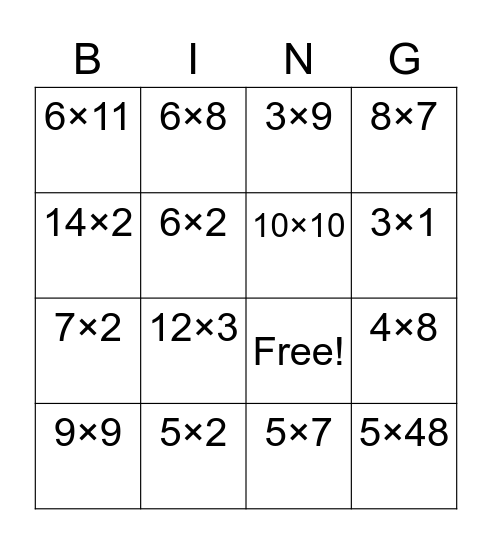 Multiplication review Bingo Card