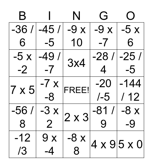 Multiplying And Dividing Integers Bingo Card